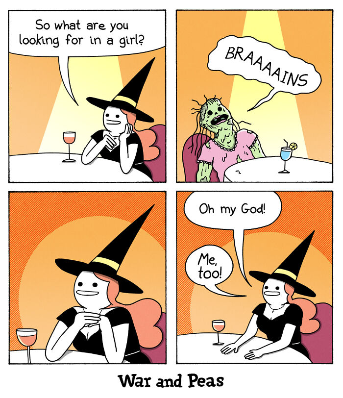 Comic by War and Peas featuring a witch and zombie at a table, discussing what they're looking for in a partner.