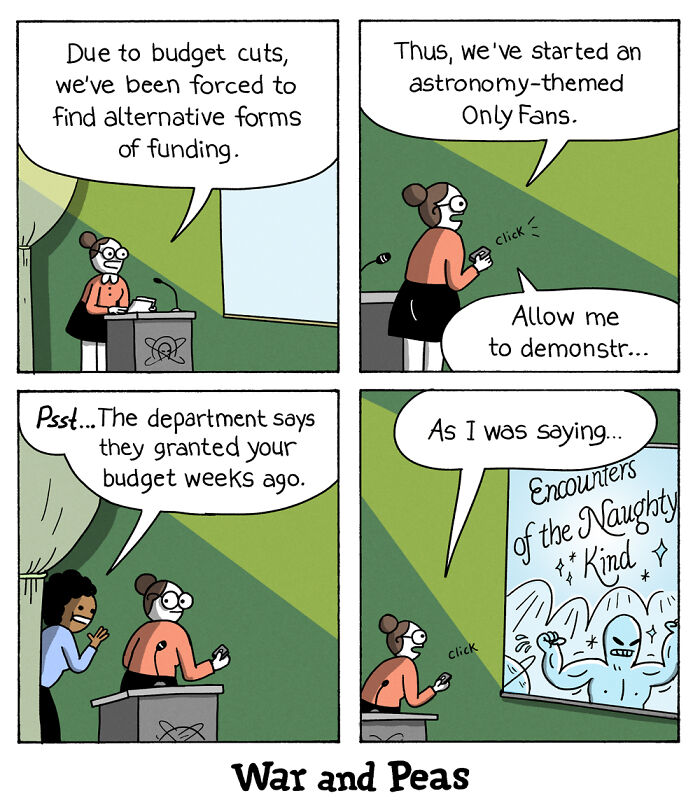 Comic by War and Peas about finding alternative funding with an astronomy-themed Only Fans concept.
