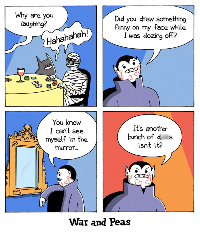 Comic by War and Peas featuring a vampire and mummy in a humorous interaction, highlighting the vampire's mirror struggles.