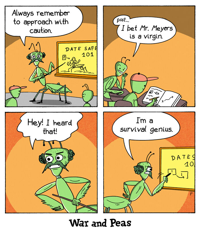 Comic strip by War and Peas featuring humorous bug characters in a classroom setting titled "Date Safe 101".