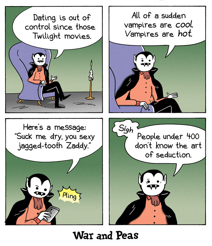 Comic by War and Peas featuring a vampire discussing dating, receiving a text message, and commenting on seduction.