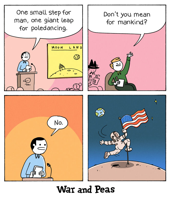 Comic from 'War and Peas' shows humorous moon landing with astronaut pole dancing.