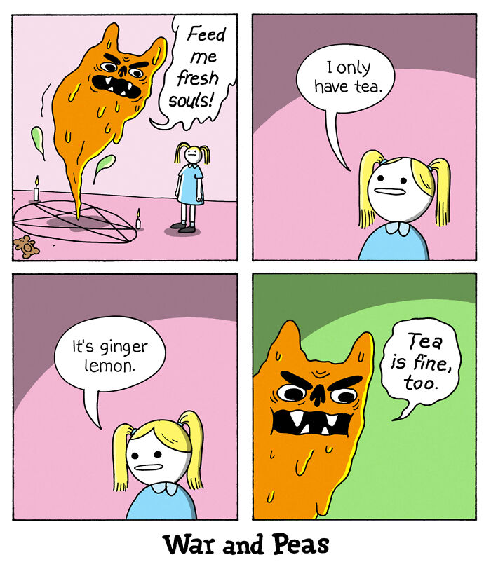 Comic by War and Peas featuring a demon demanding souls, settling for tea offered by a girl.