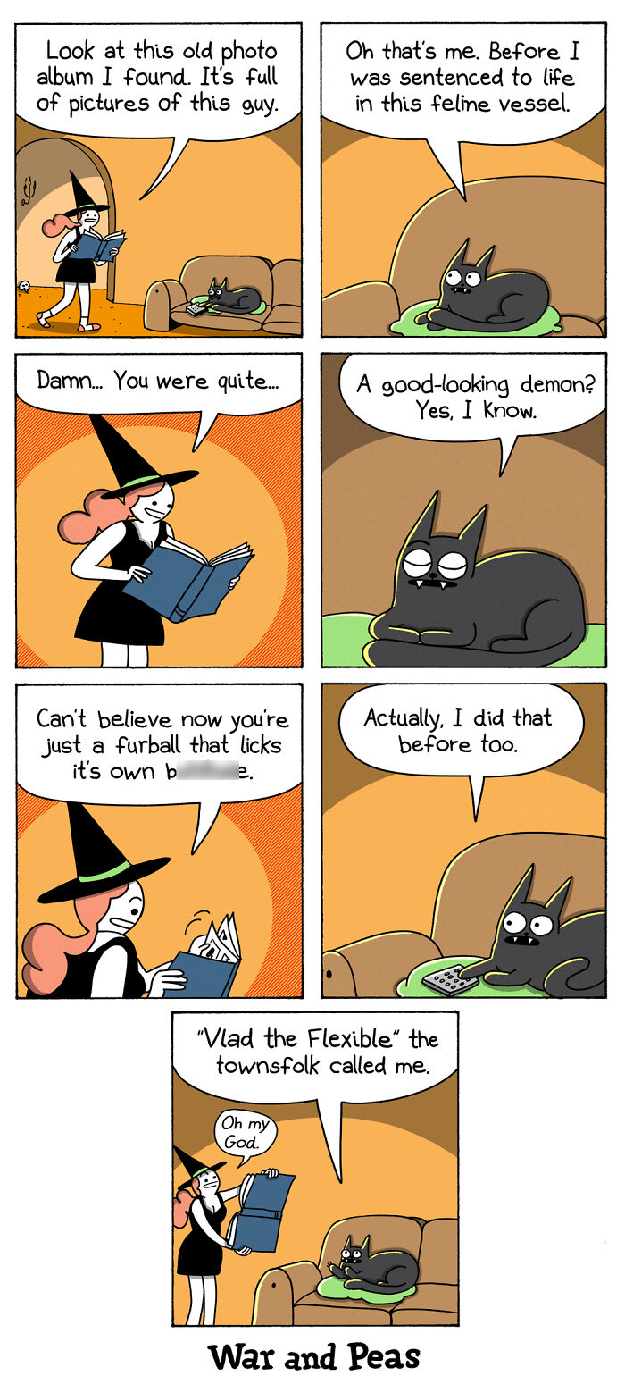 Comic strip by War and Peas featuring a conversation between a witch and a cat with a mystical past.