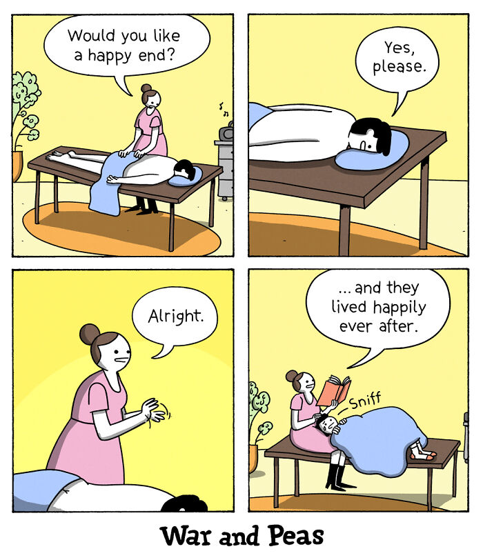 Comic strip by War and Peas showing a massage scenario with a humorous twist ending.