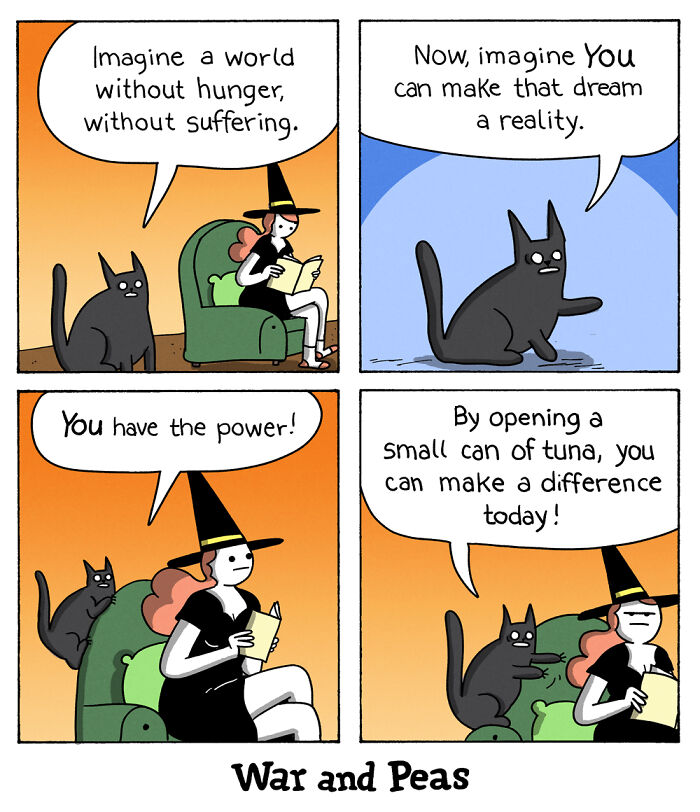 Comic by War and Peas featuring a witch and cat discussing making a difference with a can of tuna.