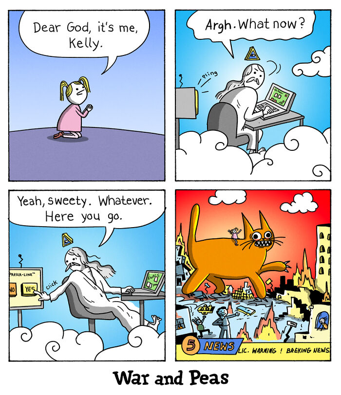 Comic by War and Peas: a girl prays, heavenly figure grants her wish, giant cat causes chaos in city.