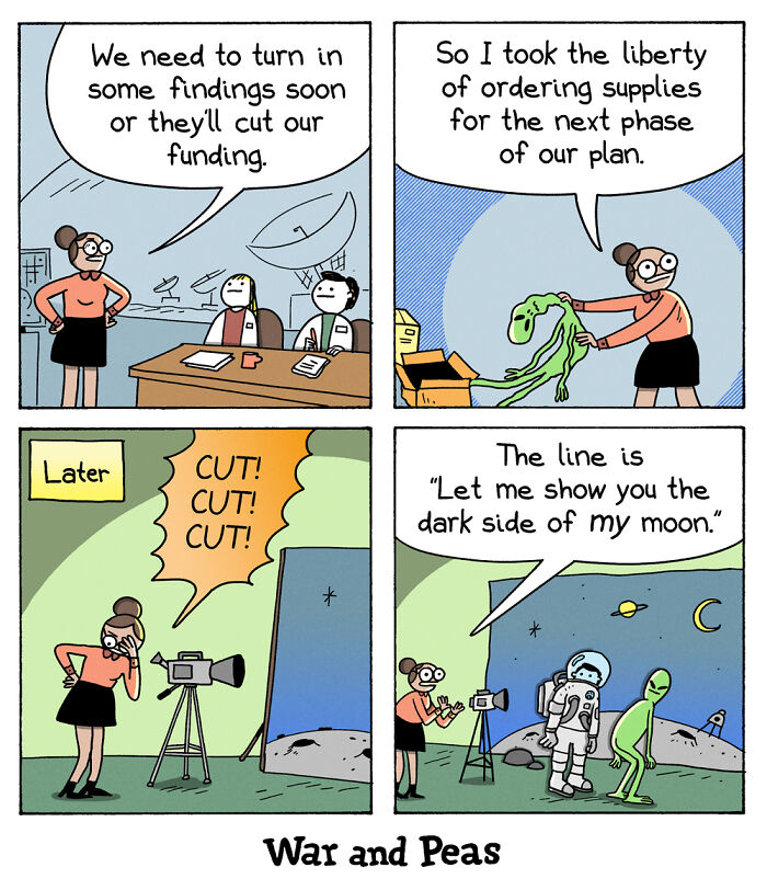 Comic strip by War and Peas showing humorous work discussion about project supplies and an astronaut scene.