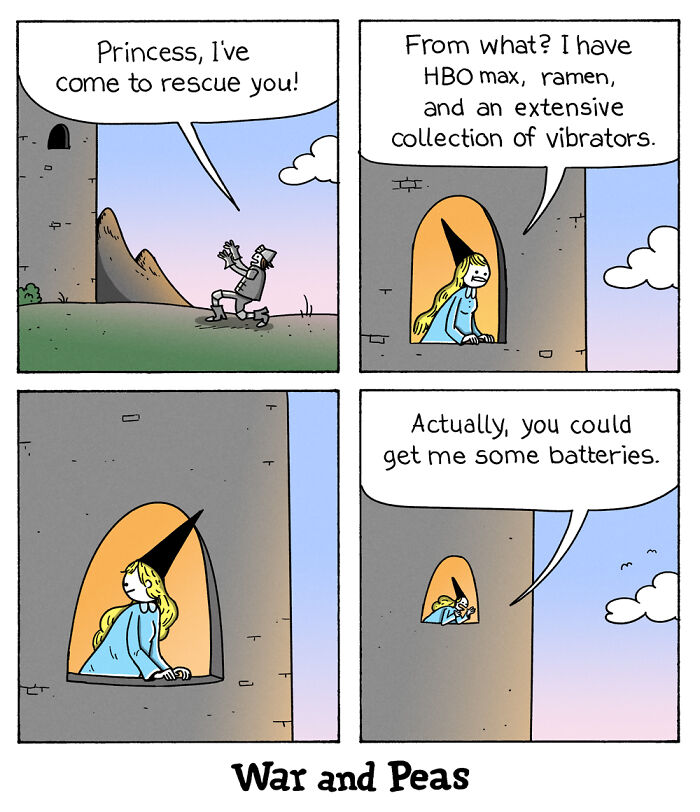 Comic by War and Peas featuring a knight offering to rescue a princess, who humorously requests batteries instead.