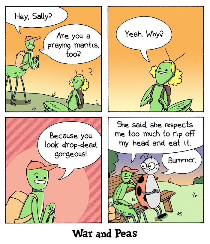 Comic by 'War and Peas' featuring praying mantises having a humorous conversation about relationships on a park bench.