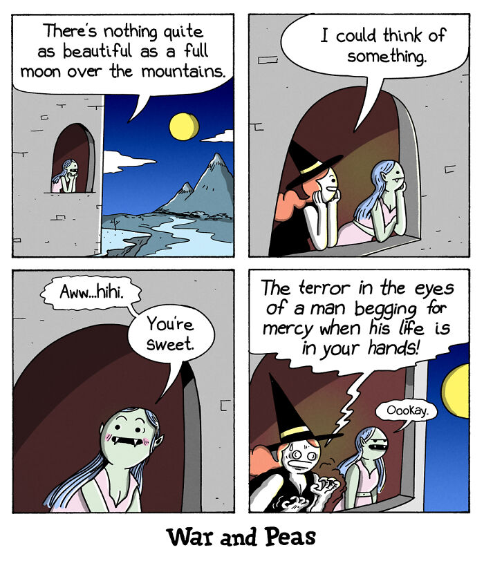 War and Peas comic strip featuring a humorous dialogue between a witch and another character by a moonlit window.