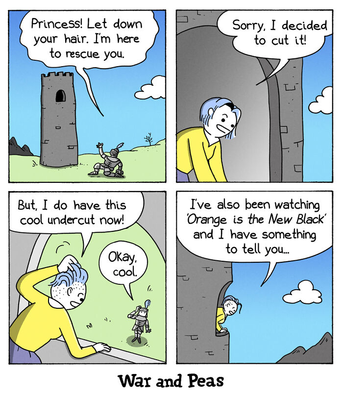 Comic strip by War and Peas shows a knight trying to rescue a princess who cut her hair.