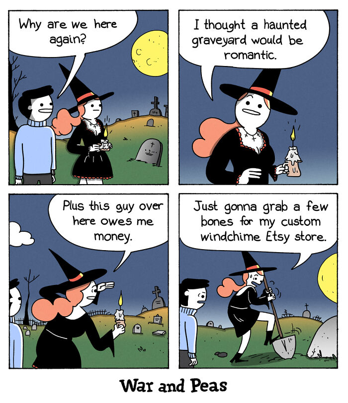 Comic by War and Peas showing a witch in a graveyard proposing a romantic idea, humorously collecting bones.