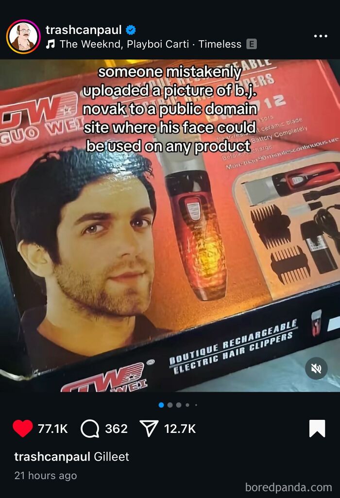 Funny and bizarre packaging featuring a man's face mistakenly placed on an electric hair clipper box.