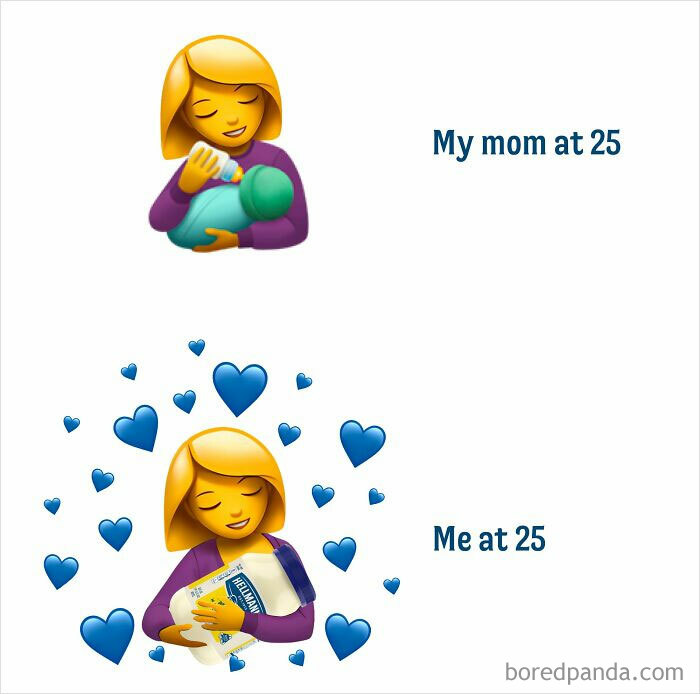 Funny comparison meme showing emoji of a mom at 25 with baby vs. hugging a mayonnaise jar at 25.