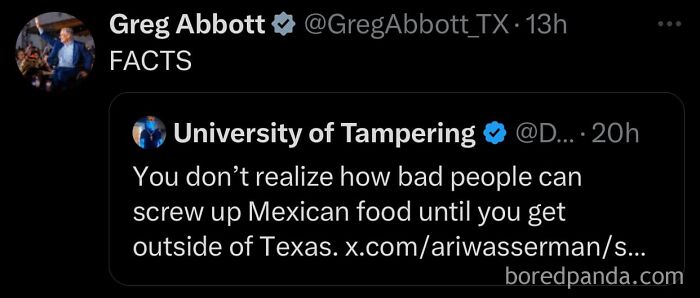 Funny and bizarre social media post about Mexican food outside Texas, highlighted by Greg Abbott's "FACTS" comment.