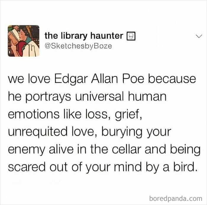 Funny social media post about Edgar Allan Poe's depiction of dark emotions and fear.