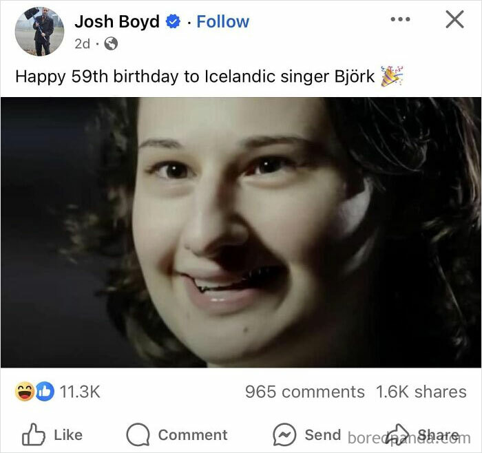 A funny and bizarre social media post wishing singer Björk a happy 59th birthday with unexpected image humor.