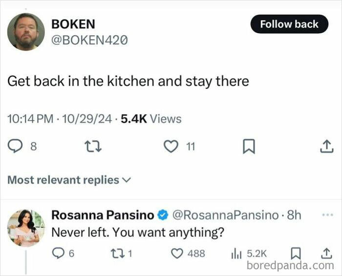 Bizarre social media exchange: user comments about kitchen, gets witty reply from another user.