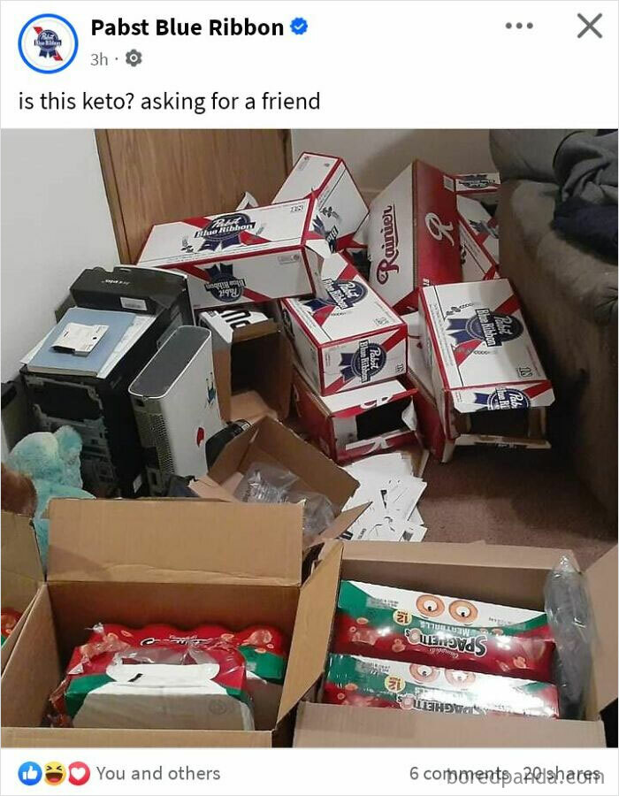 Pabst Blue Ribbon boxes piled on the floor in a humorous social media post questioning if it's keto.