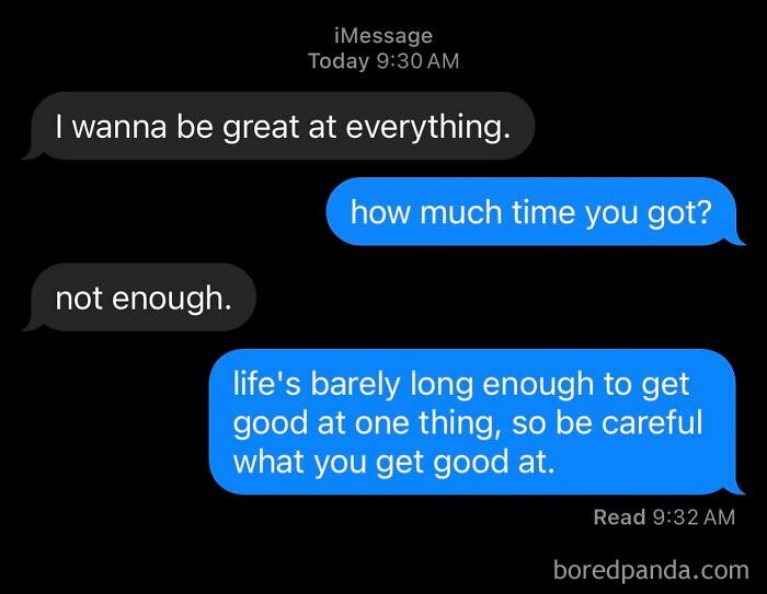 Text conversation about time management and focusing on one thing, illustrating a funny and bizarre exchange.