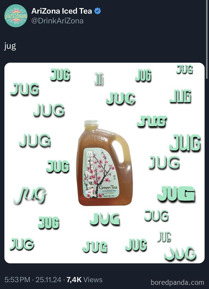 Arizona Iced Tea jug with repeated “jug” text in quirky, humorous design.