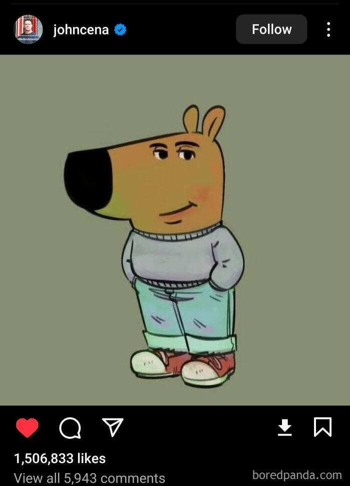 Cartoon dog in casual attire humorously shared on an official social media account.