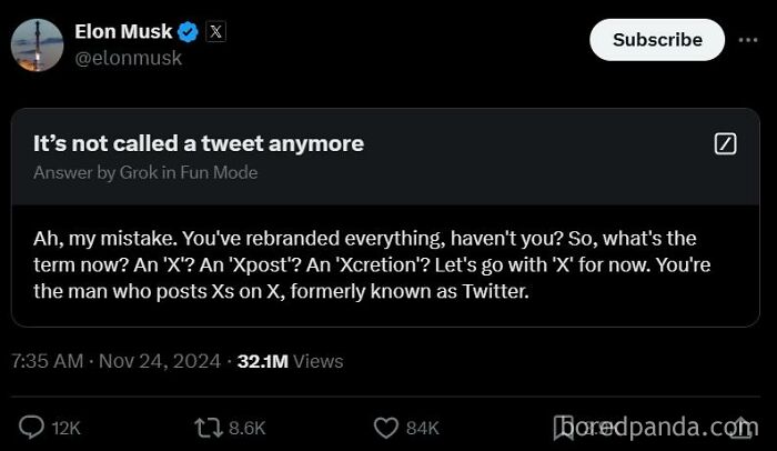 Elon Musk humorously discussing Twitter's rebranding on social media.