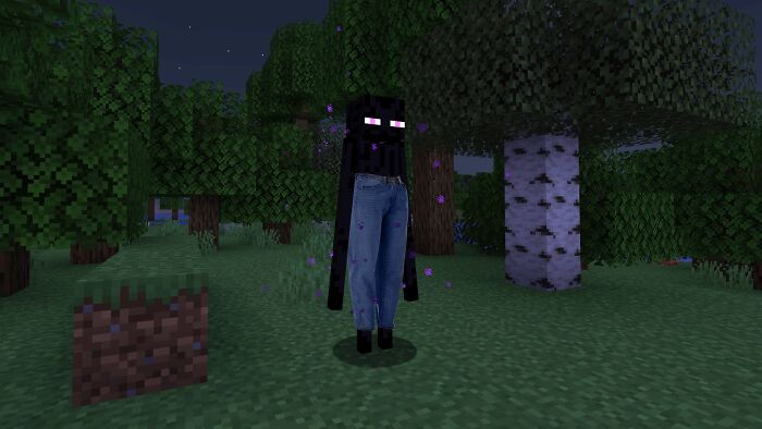 Minecraft character wearing jeans in a forest, representing bizarre and funny social media content.