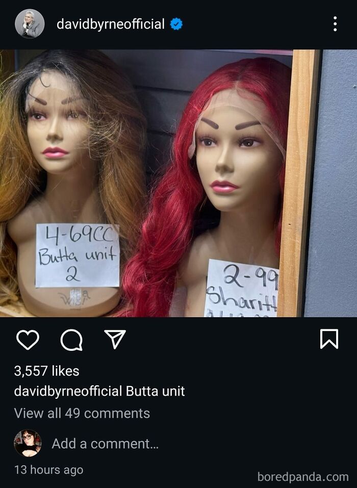 Two mannequin heads with wigs displayed, labeled "Butta unit", part of funny social media content.