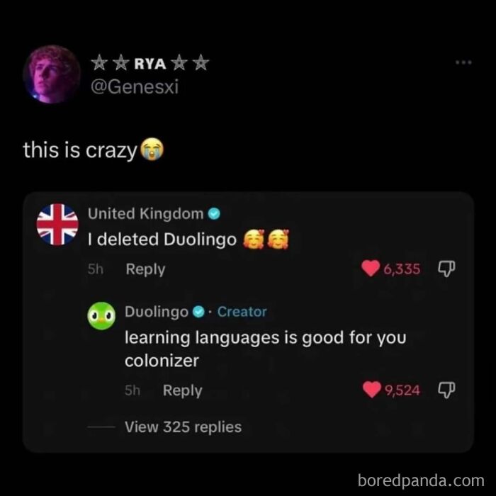 Official social media accounts humor: United Kingdom comment on Duolingo with a witty response.