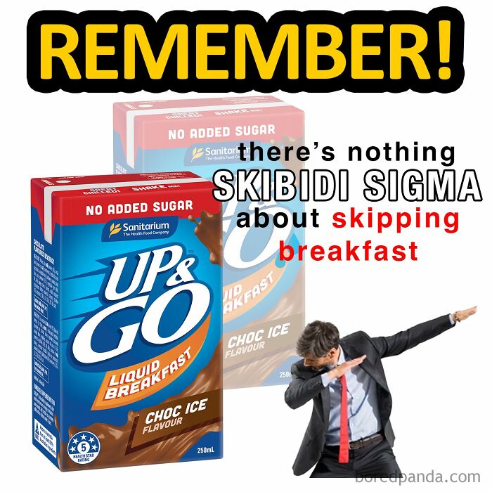 Funny and bizarre social media post of a breakfast drink with a man dabbing, emphasizing not skipping breakfast.