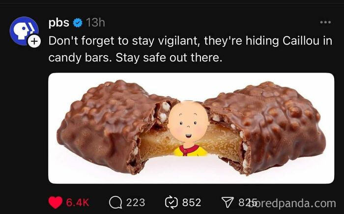 Social media humor: Caillou's head inside a chocolate candy bar with a fun warning to stay vigilant.