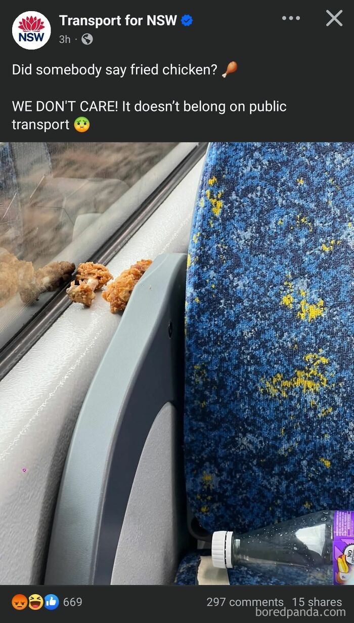 Public transport seat with fried chicken pieces, humorous social media post by NSW Transport.
