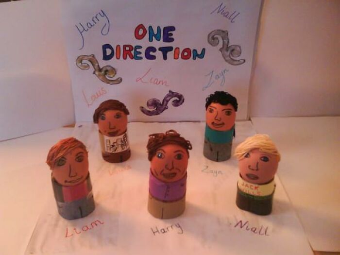 Handmade One Direction figures in a funny social media post, with colorful names and decorations.