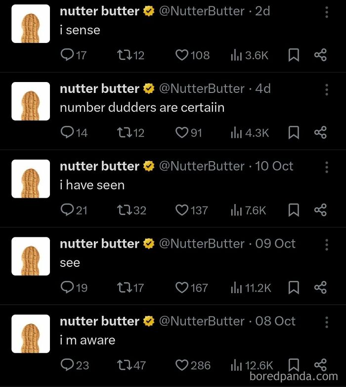 Bizarre and funny posts by Nutter Butter's official social media account with cryptic messages.