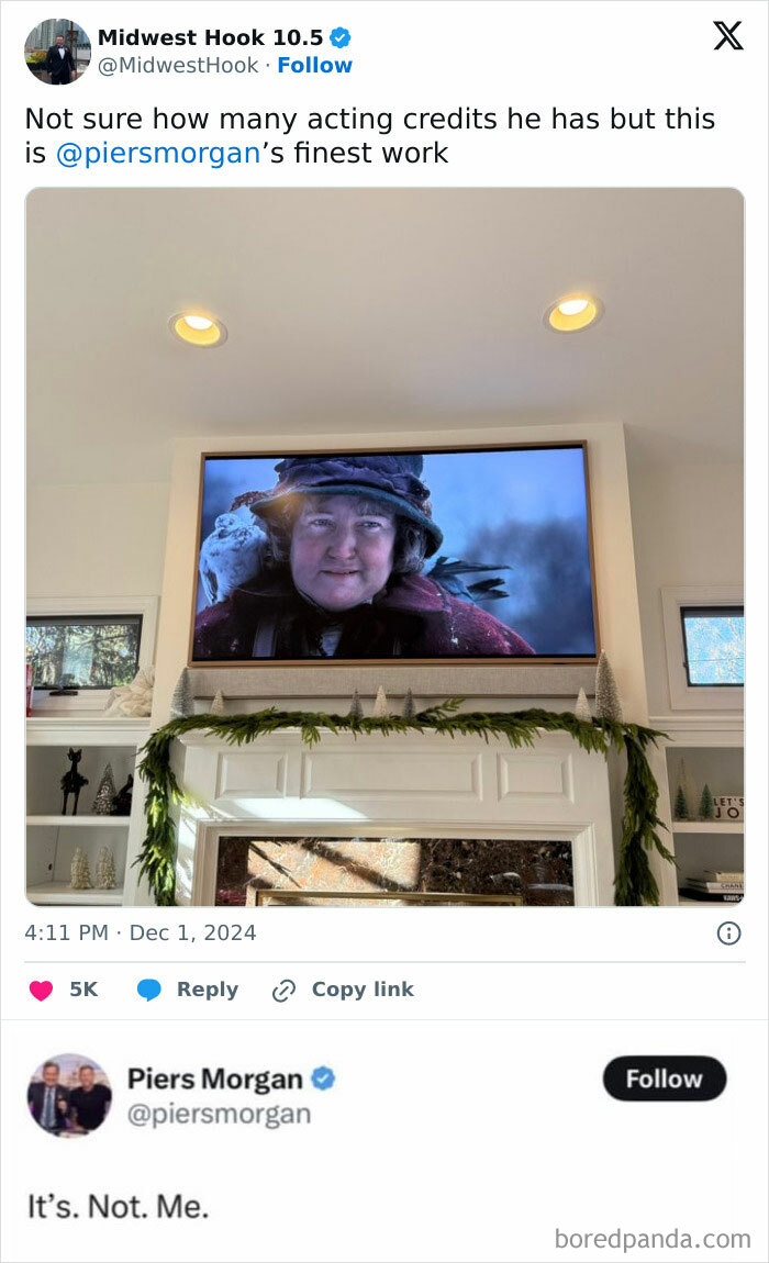 Bizarre tweet with a movie scene on TV above a fireplace, humorously mistaken for Piers Morgan.