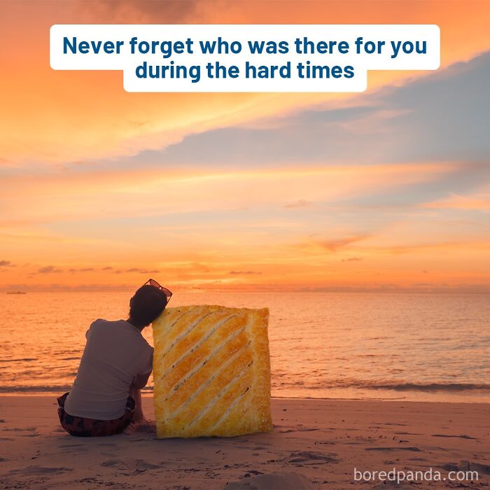 Person at beach with a pastry during sunset, highlighting a humorous and bizarre moment from social media.