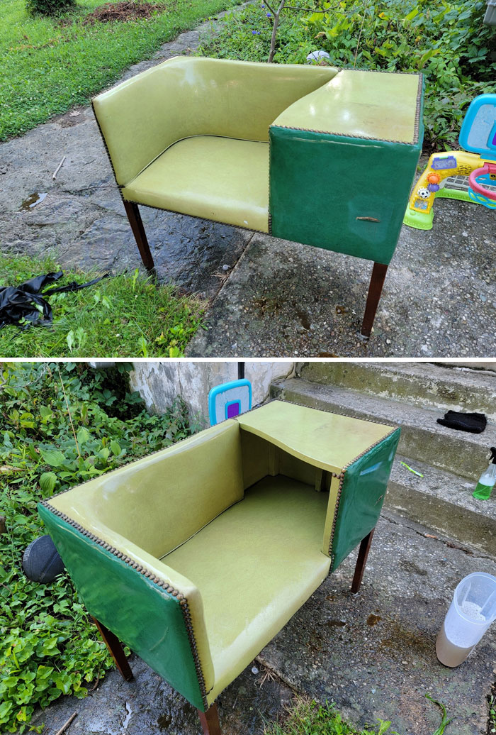 Strange second-hand chair with a unique design, featuring a cut-out section on the seating area.