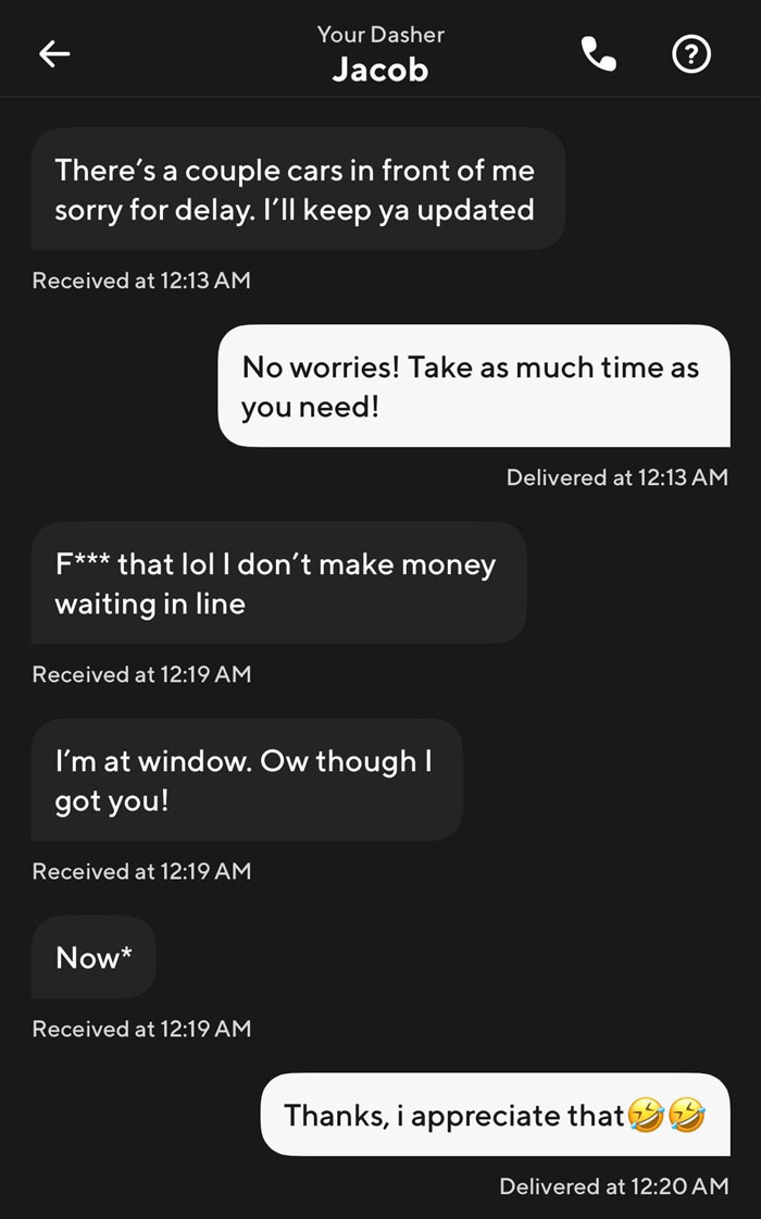 Text exchange between a DoorDash driver and customer, showing manic conversation with updates and humor.