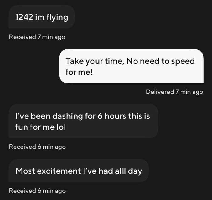 Text exchange between a Guy and a DoorDash driver, discussing a speedy delivery.