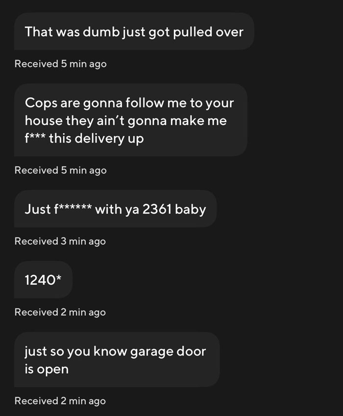 Text exchange with a DoorDash driver: updates about a police stop and an open garage door.