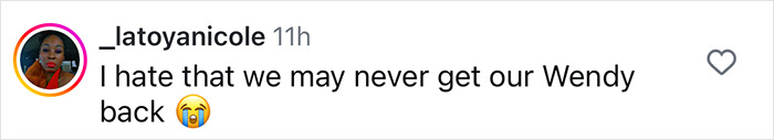 Instagram comment expressing concern over Wendy Williams with crying emoji. Instagram comment expressing concern over Wendy Williams with crying emoji.
