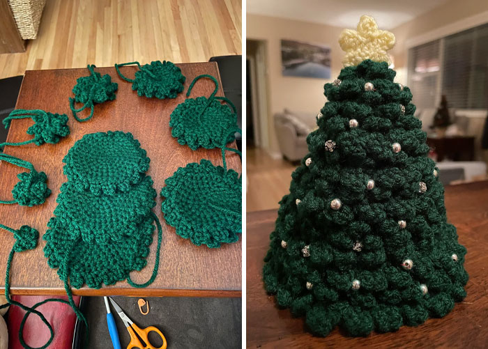 Crocheted green doilies and a finished crocheted Christmas tree, capturing the spirit of wholesome Christmas creativity.