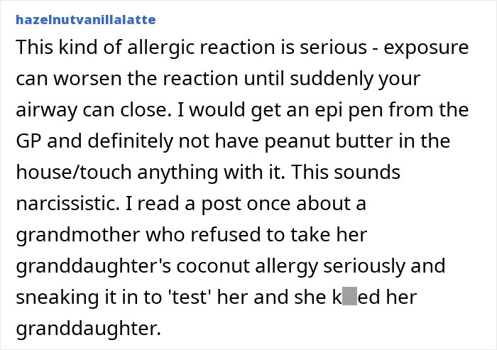 Text discussing the seriousness of allergic reactions, highlighting peanut allergies and the importance of taking them seriously.