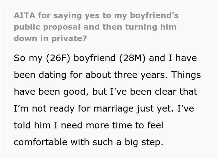 Text discussing a woman's response to a public marriage proposal, expressing hesitation about marriage timing.