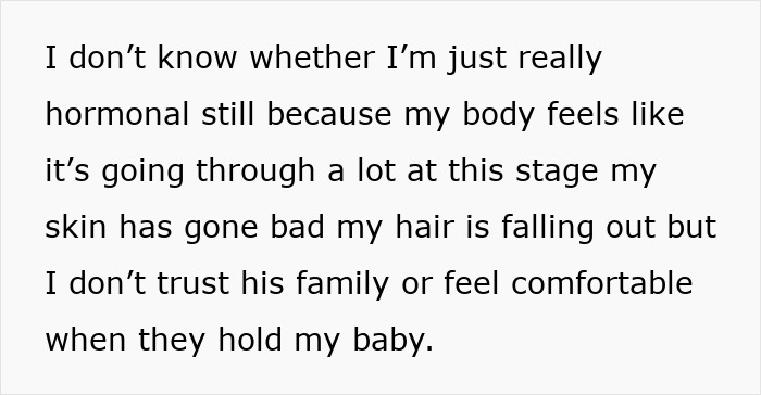 Text expressing a mother's discomfort with in-laws holding her baby. Text expressing a mother's discomfort with in-laws holding her baby.