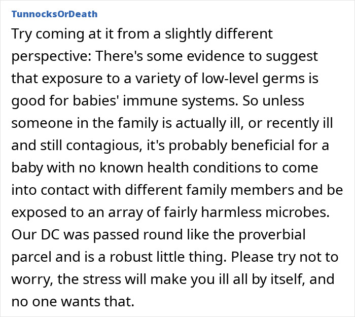Text discussing baby immunity and family exposure to germs for health benefits. Text discussing baby immunity and family exposure to germs for health benefits.