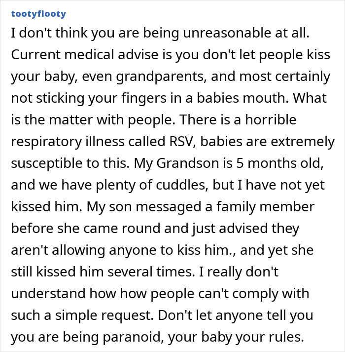 Text discussing reasons for not allowing in-laws to hold or kiss babies, citing health concerns and RSV. Text discussing reasons for not allowing in-laws to hold or kiss babies, citing health concerns and RSV.