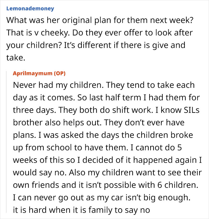 Discussion about family obligations and childcare plans in an online forum.